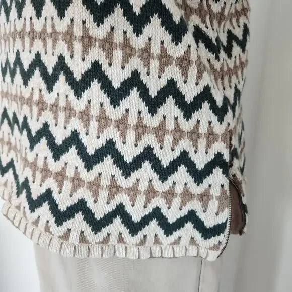 Vintage 90s Christopher & Banks Tan Green Southwestern Knit Quarter Zip Sweater - Picture 4 of 10